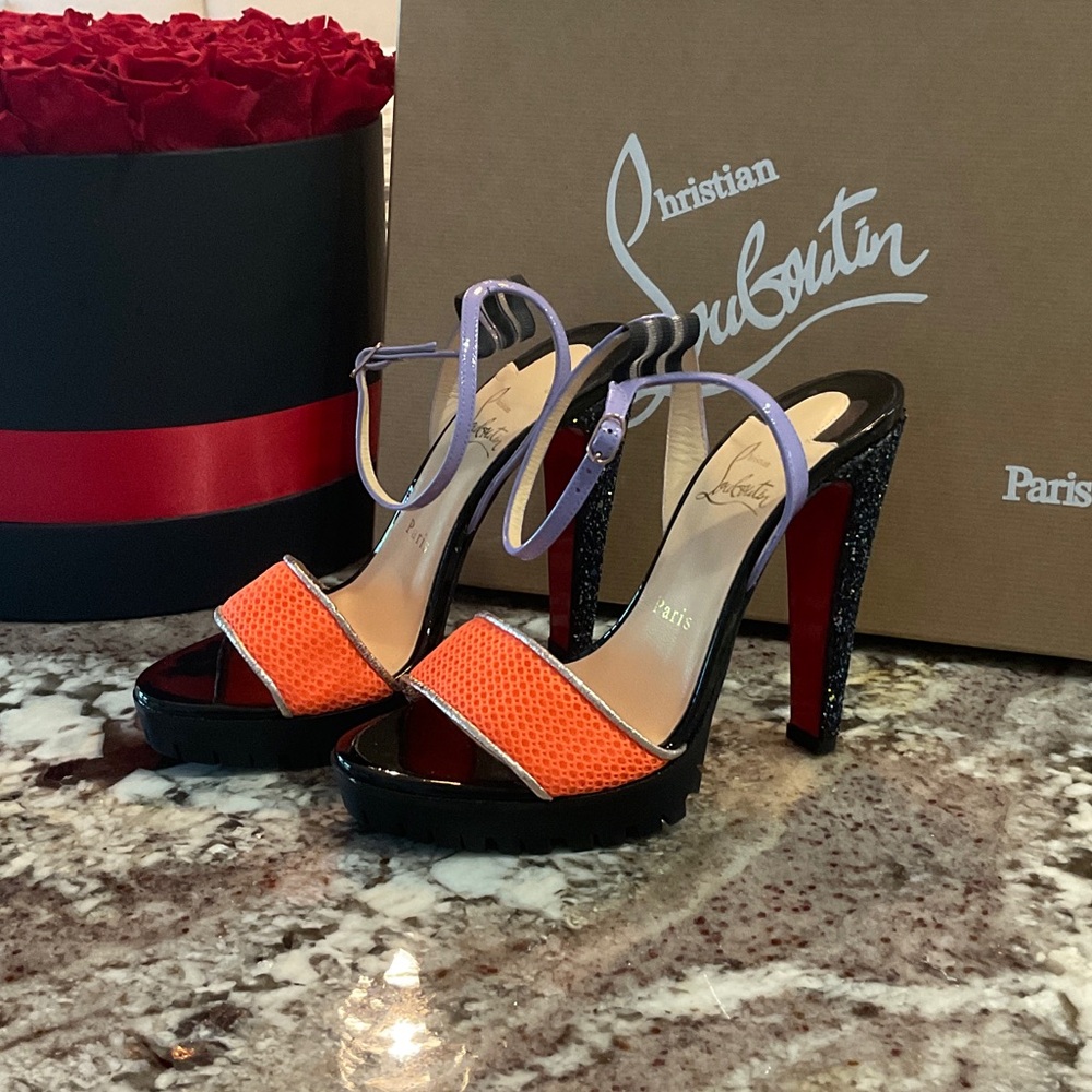Christian Louboutin Orange and Black Heels with Purple Strap